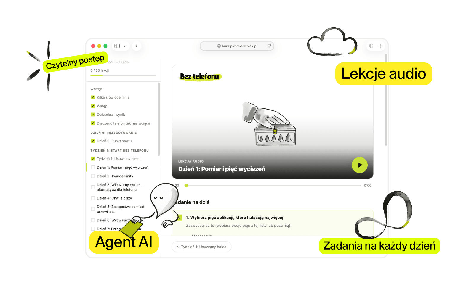 Kurs Bez telefonu na platformie: lekcja audio i zadanie dnia